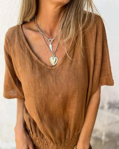 Bomia - Comfortable Waisted T-Shirt with V-Neckline